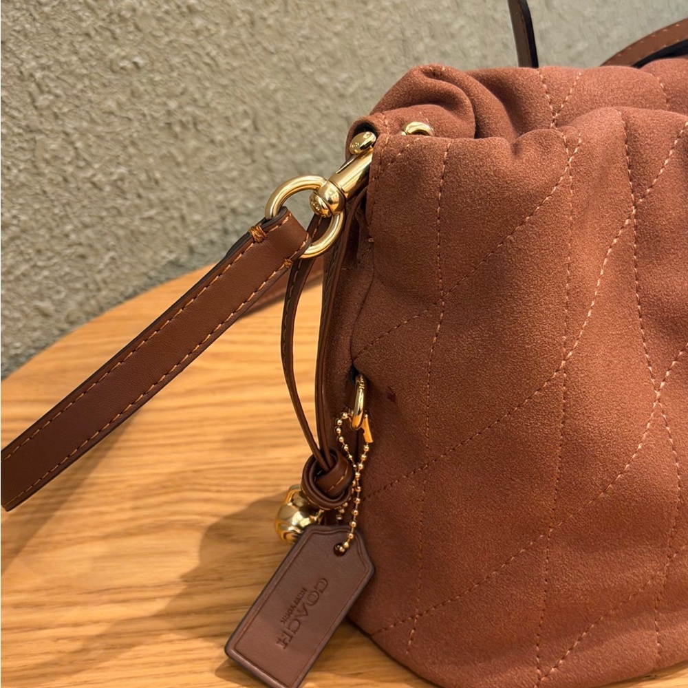 Coach Suede Mini Drawstring Bucket Bag in Rust Brown - Picture 7 of 9
